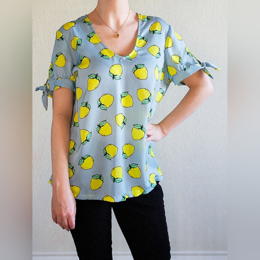 Modcloth Blue Lemon Short Sleeve Blouse, Size L